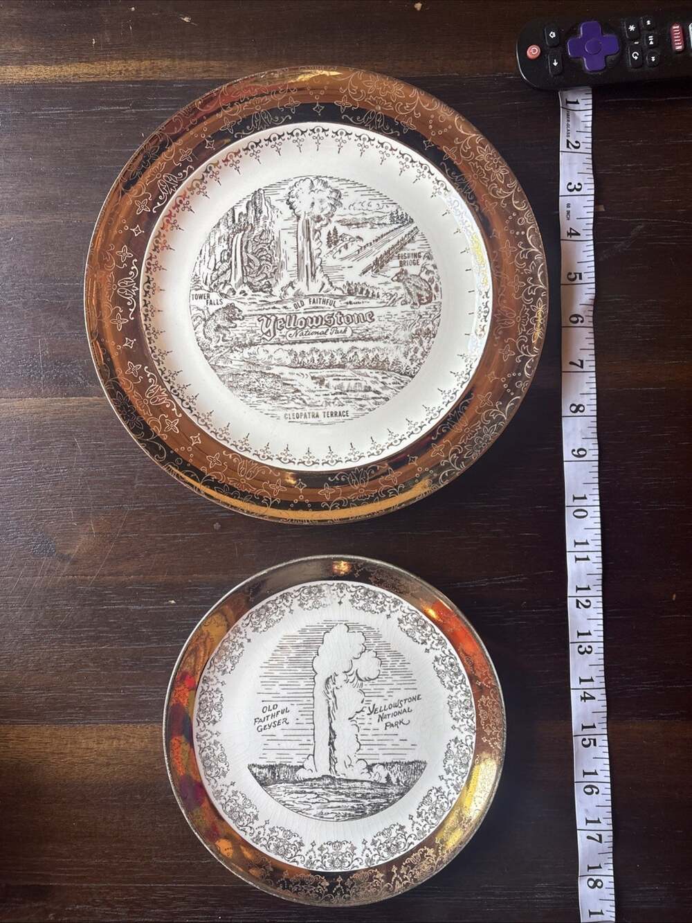 Vintage Sabin Yellowstone National Park Souvenir Plate Set 10" Old Faithful 22K